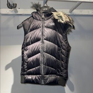 The North Face Black 550 Down Hooded Vest with Faux-Fur Trim